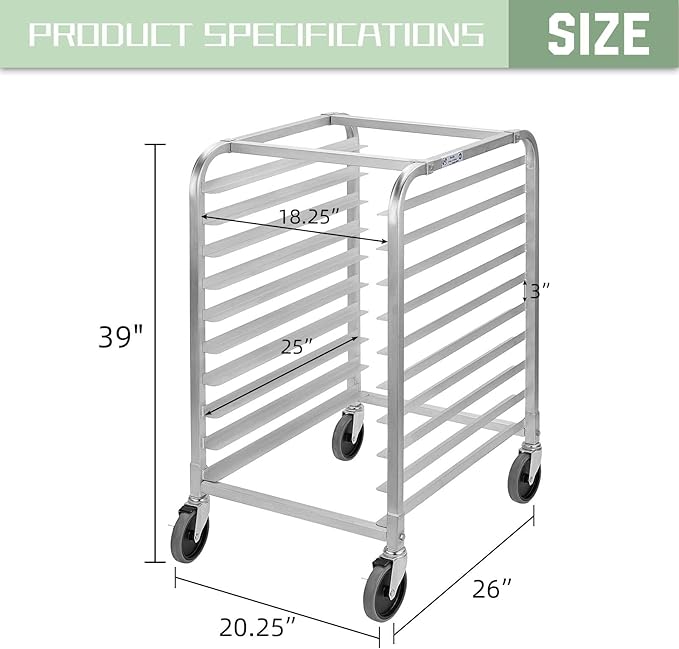 HALLY SINKS & TABLES H Bun Pan Rack 10 Tier with Wheels, Commercial Bakery Racking of Aluminum for Full & Half Sheet - Kitchen, Restaurant, Cafeteria, Pizzeria, Hotel and Home, 26" L x 20" W x 38" H