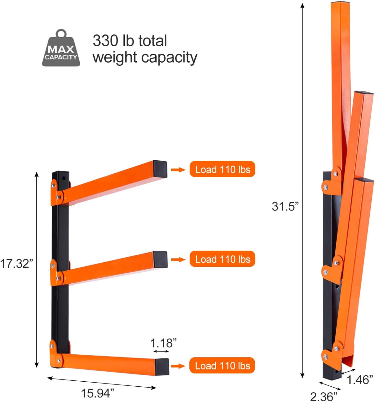 Ultrawall Wall Mount Wood Organizer and Lumber Storage Metal Rack with 3-Level - Indoor & Outdoor Use, 2 Pack
