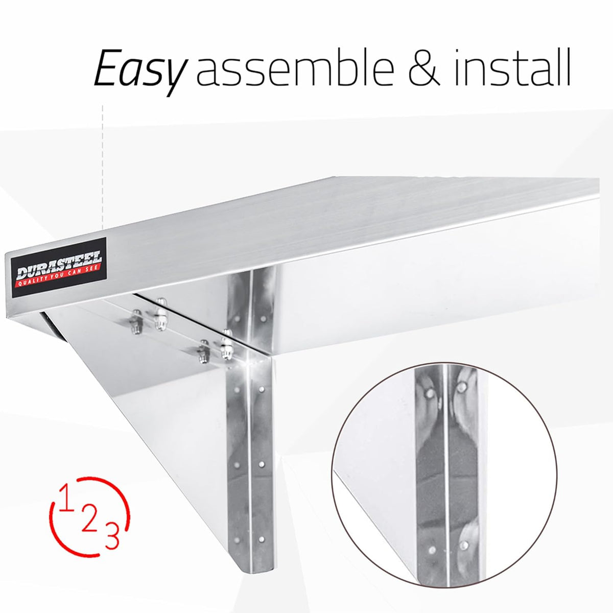 DuraSteel Heavy Duty Wall Mount Shelf - 48" Wide x 14" Deep Classic Stainless Steel Wall Floating Shelves - NSF Metal Storage Wall Shelves - For Commercial Kitchen, Laundry Room, Garage, Food Truck