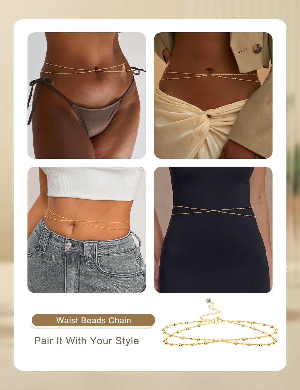 HABIKIP 14K Gold Plated Waist Chain for Women, Dainty Gold Plated Belly Chain Belt Sexy Bikini Beach Satellite Waist Beads Chain Waterproof Body Chain Adjustable Summer Jewelry Accessories for Women