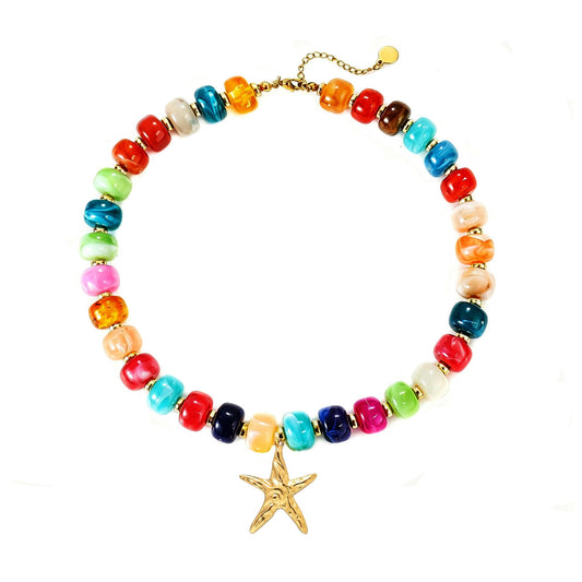 YHGDY Chunky Beaded Starfish Shell Necklace for Women Colorful Boho Bead Choker Necklace Summer Beach Necklace Trendy Chunky Jewelry Gifts (Gold Starfish)