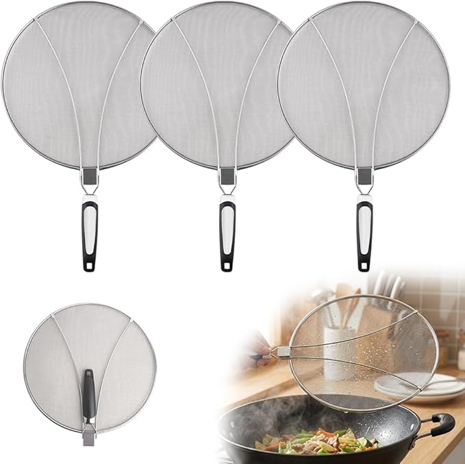 Stainless Steel Grease Splatter Guard, 11-Inch Fine Mesh Cover with Adjustable Comfort Grip Handle, Oil Splash Screen for Frying Pan, Cooking Pots, Skillet (3)