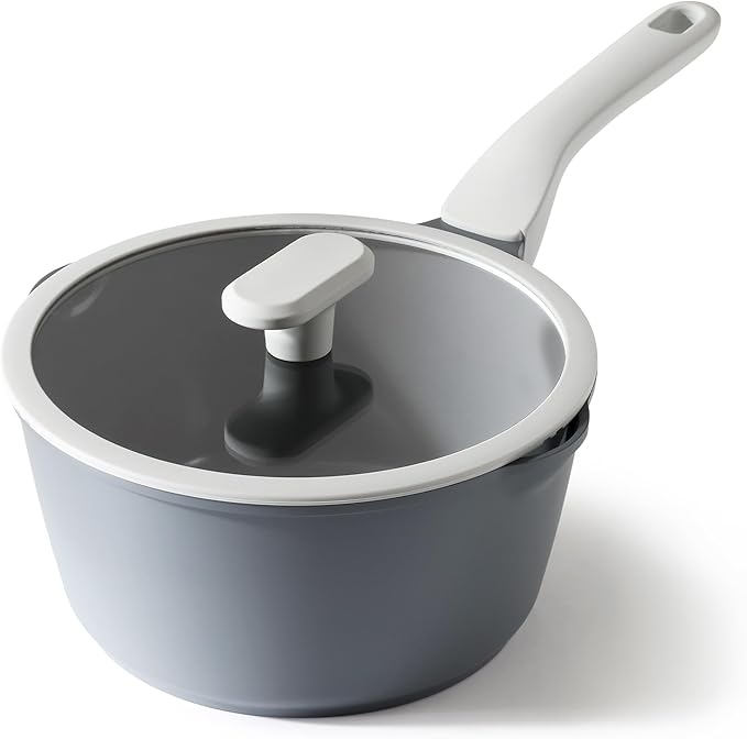 PRICUSIS Ceramic Nonstick Saucepan with Lid, 3 Quart Non Toxic Pot with Pour Spouts, Full Coated, 100% Dishwasher Safe, Induction Compatible & Oven Safe, PTFE PFAS & PFOA Free, Grey