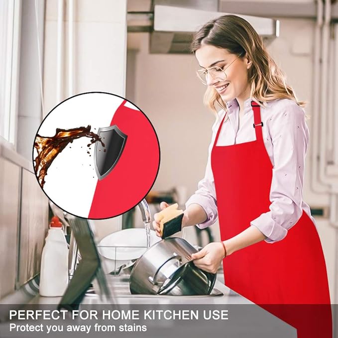 Jubatus 1 Pack Bib Aprons with 2 Pockets Cooking Chef Kitchen Apron for Women Men, Red