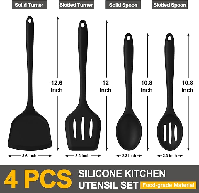 P&P CHEF Kitchen Utensil Set, 4 Pieces Non-stick Silicone Cooking Utensils, Heat-resistant Slotted Solid Spoon Turner for Frying, Mixing, Serving, Non-toxic & Easy to Clean, Black