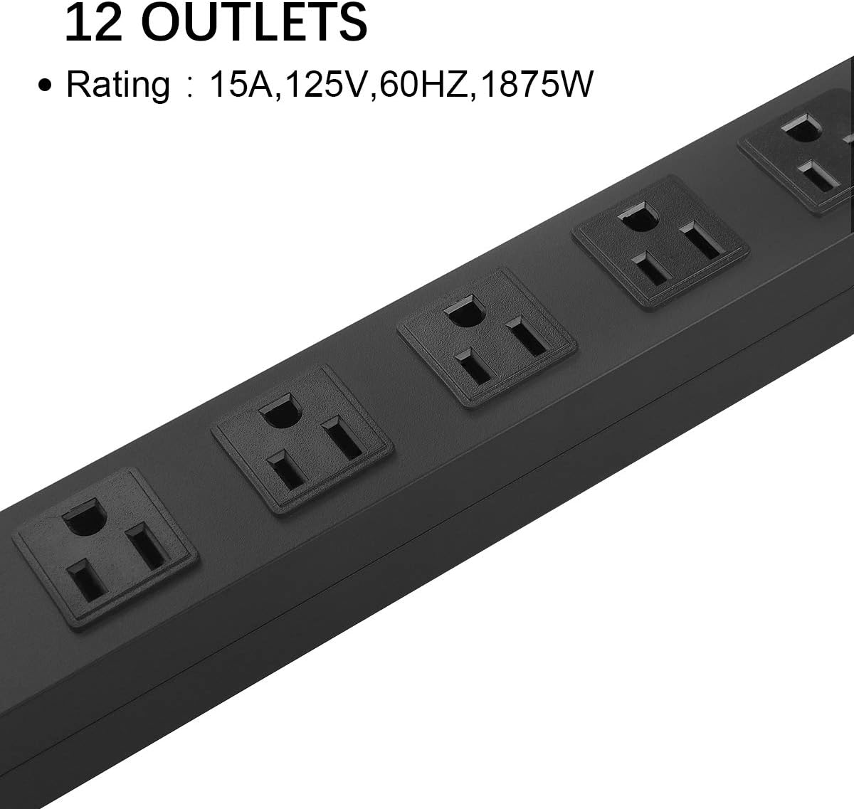 Metal Wall Mount Power Strip, Mountable Power Outlet with 12 AC Outlets, Aluminum Alloy Mount Power Socket with Switch, 6 FT SJT 3/C 14AWG Power Cord, 15A 125V 1875W (12AC) Black