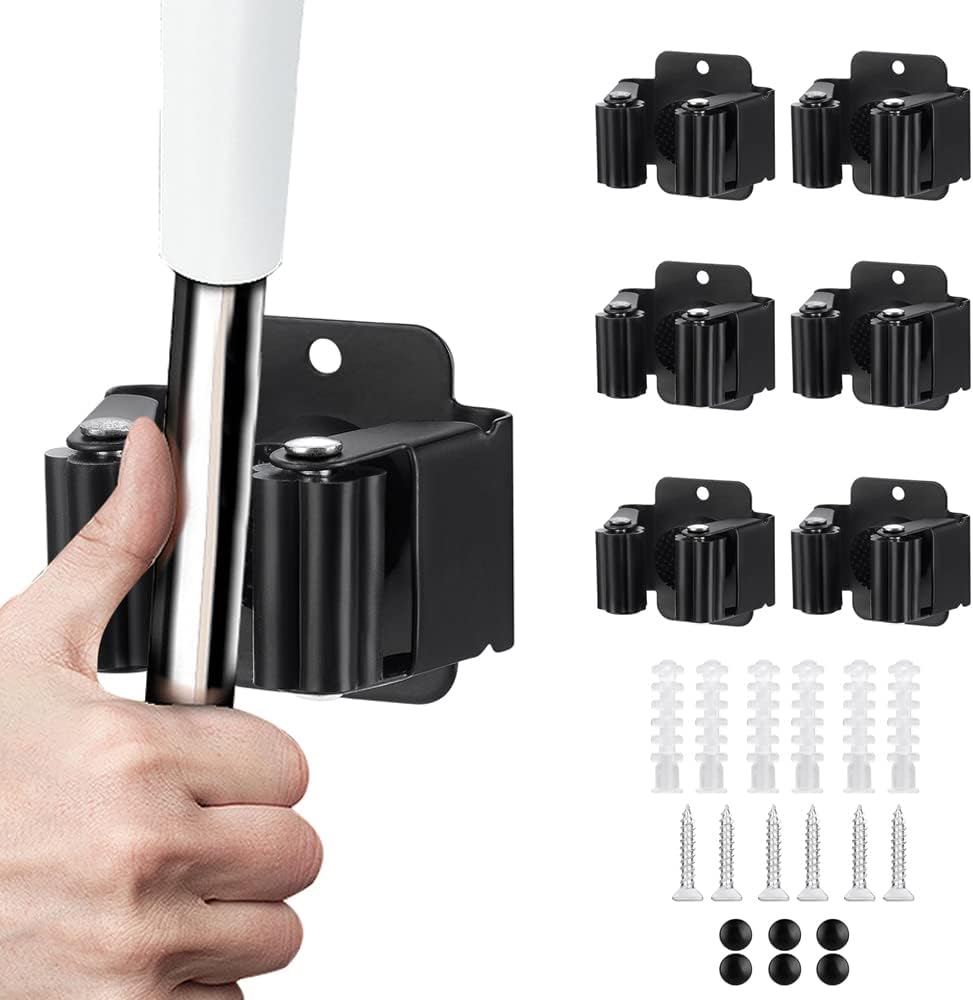 6PCS Broom and Mop Holder, Heavy Duty Garden Tool Organizer Rack Rake and Shovel Handle, Stainless Steel Mop Hanger. Screws for Wall Mounted. Matte Black