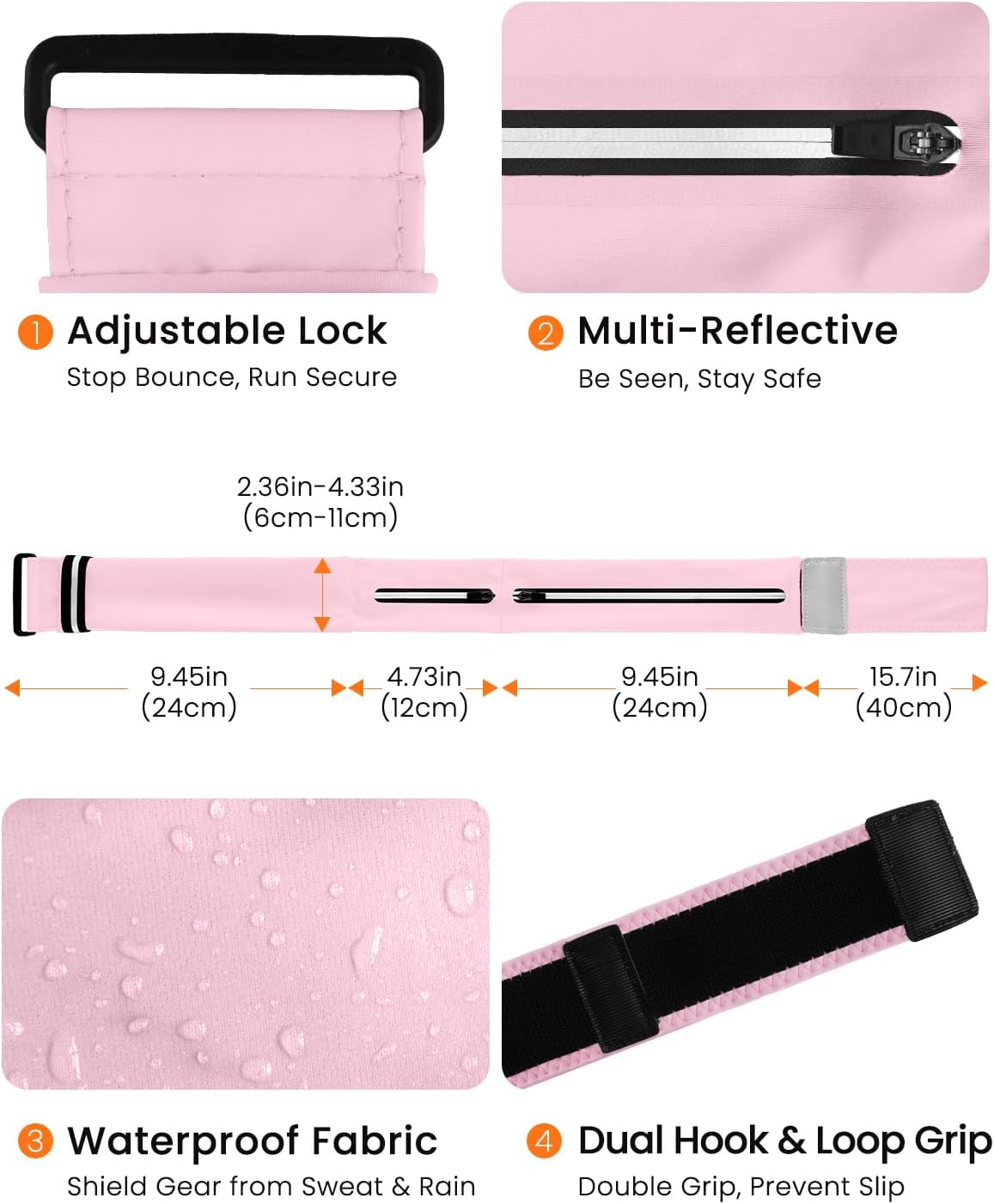 Running Belt for Women and Men, Adjustable Fanny Packs No Bounce Phone Holder for Running with Water Bottle & Headband, Waterproof Reflective Waist Packs for Runner Fits All Phones (M-Pink)