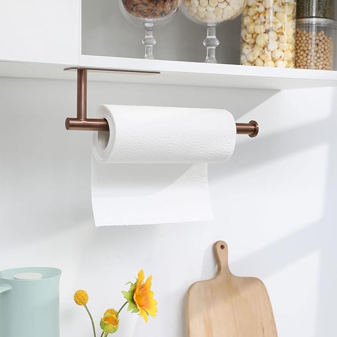 theaoo Rose Gold Paper Towel Holder - Under Cabinet Paper Towel Holder for Kitchen, Adhesive Paper Towel Roll Rack for Bathroom Towel, Wall Mounted Paper Towel Rack, SUS304 Stainless Steel