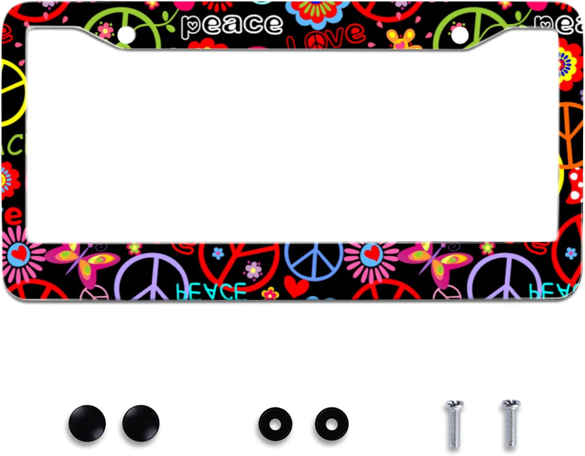 Personalise Hippies Peace Flower License Plate Frames Colored License Plate Frame Car Universal Stainless Steel Accessories Cars Decor 2 Holes Screws Fits Standard US Vehicles Size 12.2 x 6 Inches