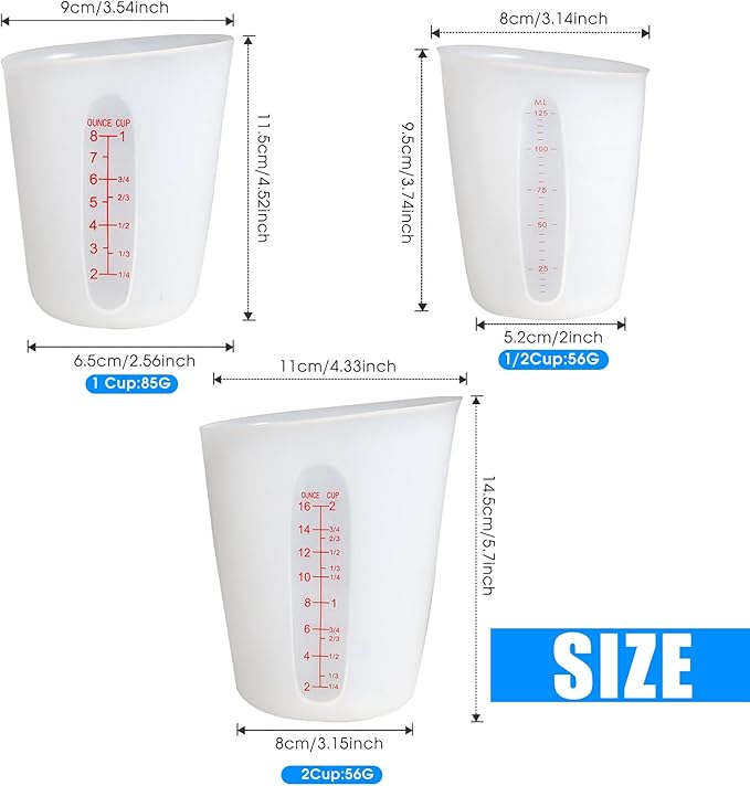ZUYEE Silicone Measuring Cups (2 Cup + 1 Cup) Flexible Measure Melting Cups for Epoxy Resin Butter, Chocolate Squeeze Pour Baking Cup Dishwasher Safe BPA Free 500/250 ML with Marking Cup/Ounce