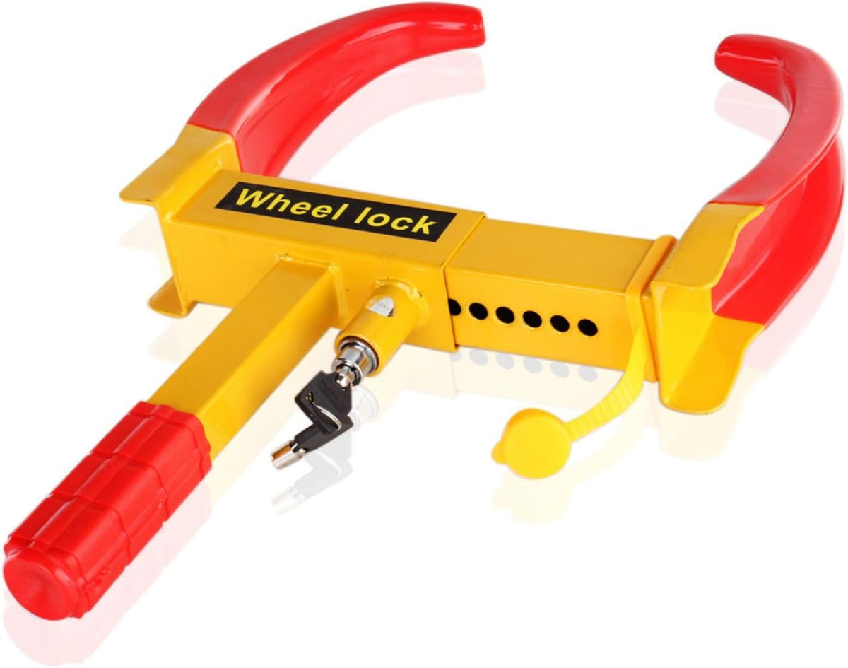 Flexzion Trailer Wheel Lock Anti Theft Wheel Clamp Lock - Heavy Duty Adjustable Tire Boot Lock for Trailer with Keys, Red & Yellow Universal Wheel Clamp for Cars, Golf Carts, Boats, Scooters