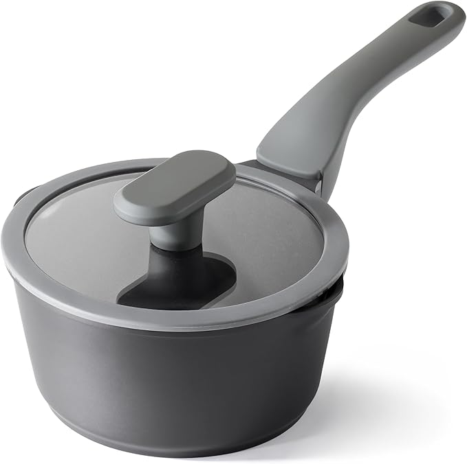 PRICUSIS Ceramic Nonstick Saucepan with Lid, 1.3 Quart Non Toxic Pot with Pour Spouts, Full Coated, 100% Dishwasher Safe, Induction Compatible & Oven Safe, PFOS & PFOA Free, Black Sesame