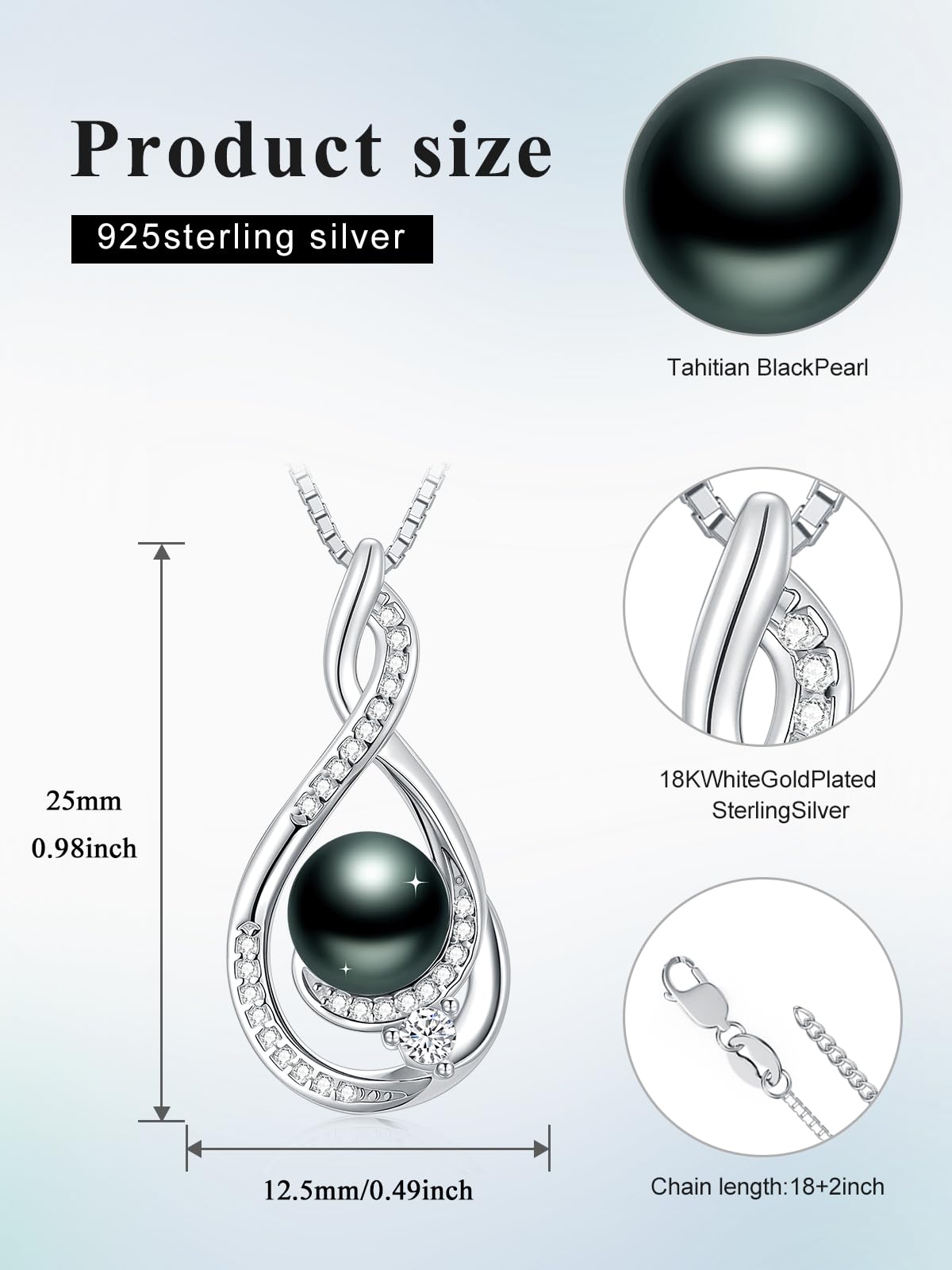 KANNSOAR Tahitian Black Pearl Necklace 18K Gold-Plating Sterling Silver 8MM Pearl Jewelry Wedding Birthday Anniversary Valentines Day Christmas Mothers Day Gifts for Wife Women Mom Girlfriend Her