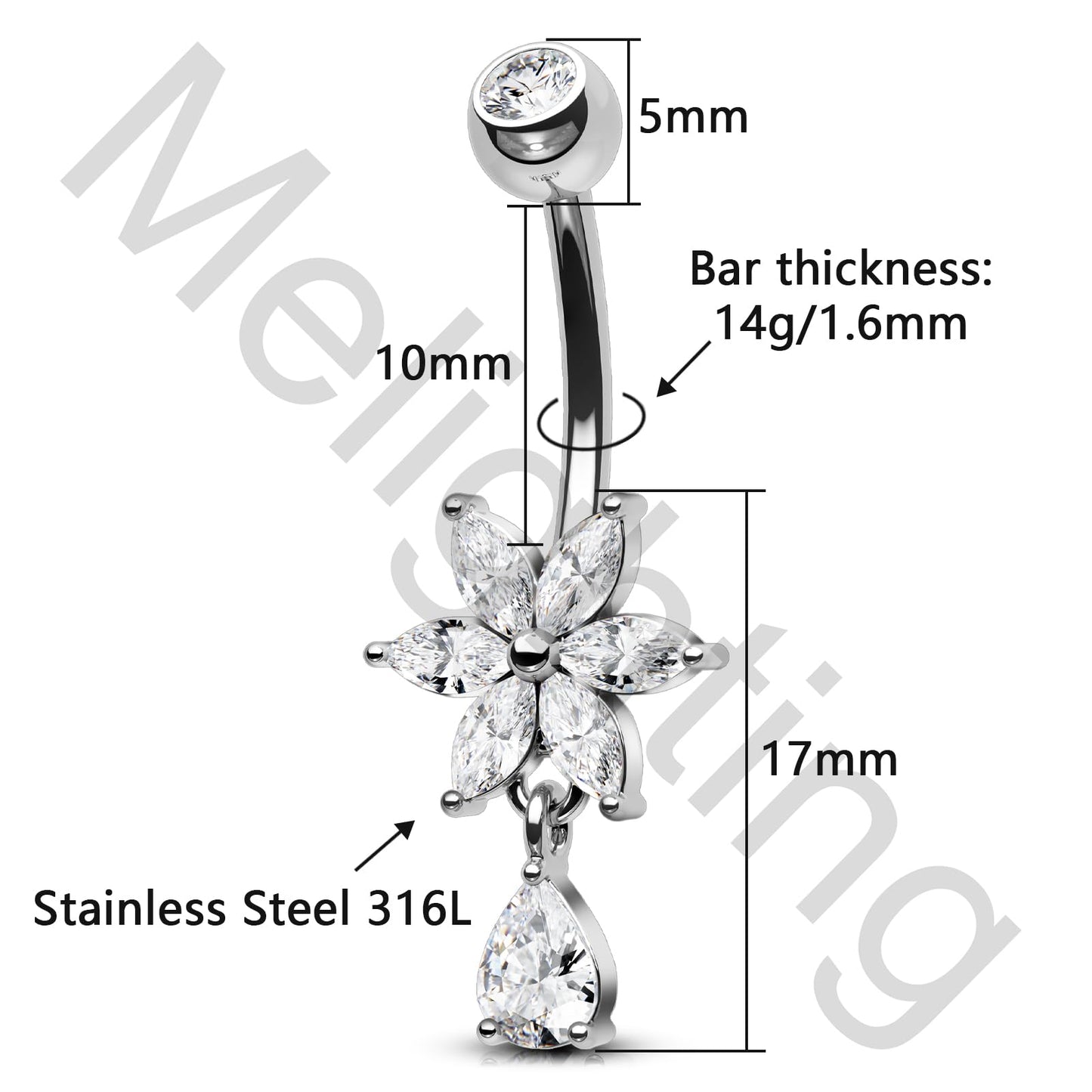 Melighting 14G Clear Belly Button Ring, Flower Belly Piercing Jewelry Surgical Steel 316L, Dangle Teardrop CZ Navel Piercing Barbell, 10 mm Silver Lotus Body Jewellery for Women