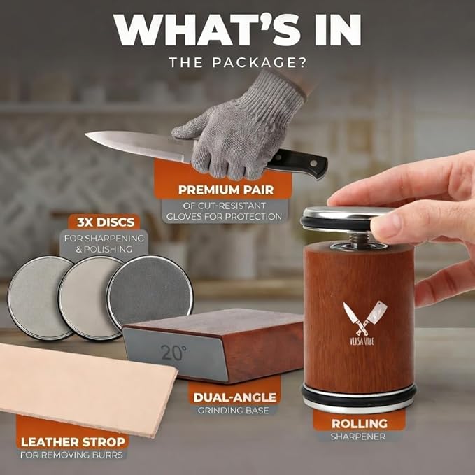 Premium Rolling Knife Sharpener kit, High Carbon 400, 1000, & 3000 Replacement Discs, 15° & 20° Adjustable Angles | Leather Strop, Anticut Gloves | Knife Sharpening kit for Kitchen & Chef's Knives