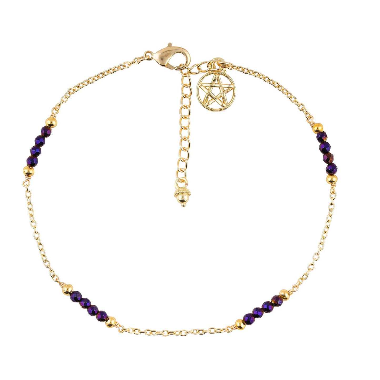 CRYSTALINES Natural Purple Hametite Gemstone Beads, Handmade Station Dangle Star Charms Anklet, 14K Gold Plated, Adjustable Fashion Boho Jewelry for Women, Healing Crystals, Christmas Gift