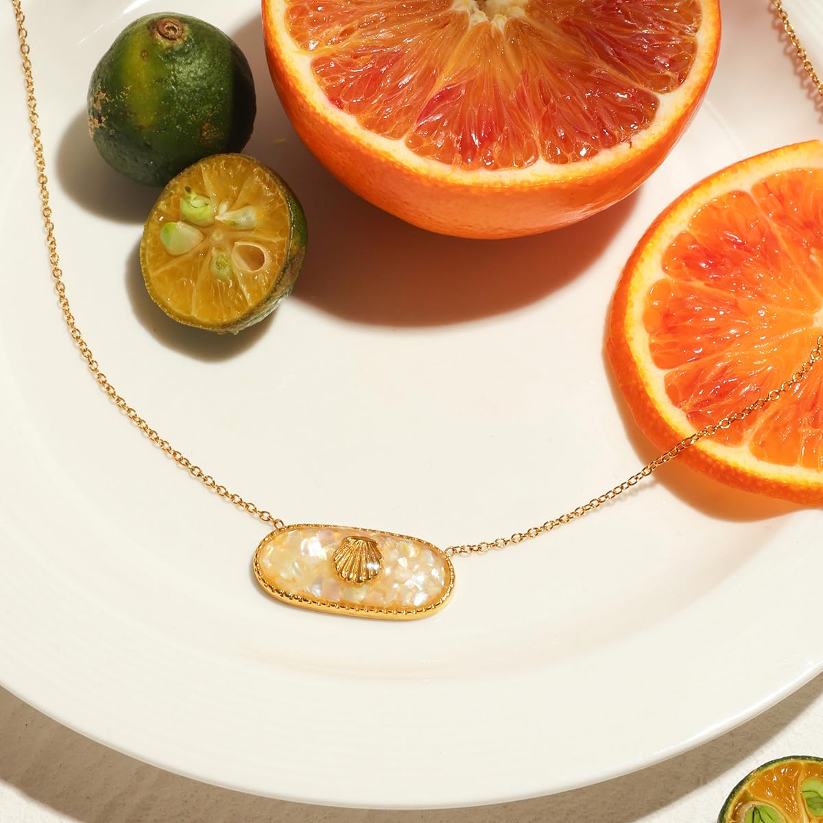NUZON Enamel Seashell Pendant Necklace for Women Delicate 14K Gold Plated Chain Dangling Oval Inlay Yellow Shell Necklace Ocean Cute Jewelry Gift Adjustable 16''