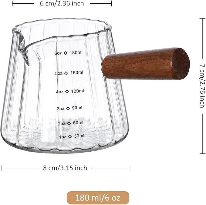 Joeyan 6 oz Glass Measuring Cups with Spout,Borosilicate Glass Triple Pitcher with Scale,Origami Style Espresso Shot Glasses with Wood Handle for Coffee Milk,Dishwasher Safe