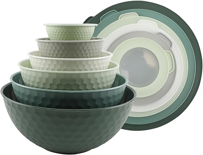 COOK WITH COLOR Mixing Bowls with Lids - 12 Piece Plastic Nesting Bowls Set includes 6 Prep Bowls and 6 Lids, Microwave Safe Mixing Bowl Set, Sage Embossed