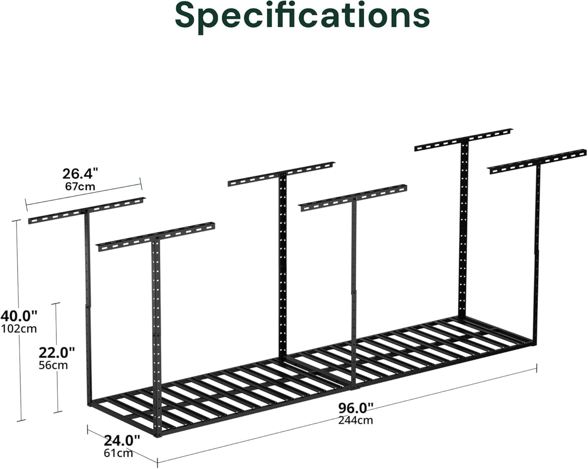 SunsGrove 2x8 Garage Storage Overhead Rack Organization, Adjustable Ceiling Mounted Storage Racks, 800LBS Weight Capacity, 22"-40" Ceiling Dropdown, 2 Pcs, Black