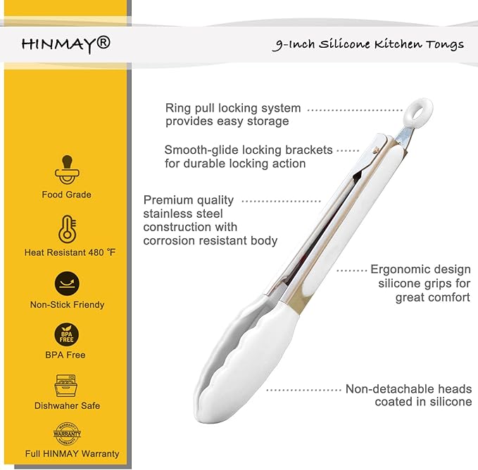 HINMAY Silicone Kitchen Tongs 9-Inch Stainless Steel Basics Tongs with Non-Stick Silicone Tips, Set of 3 (White)