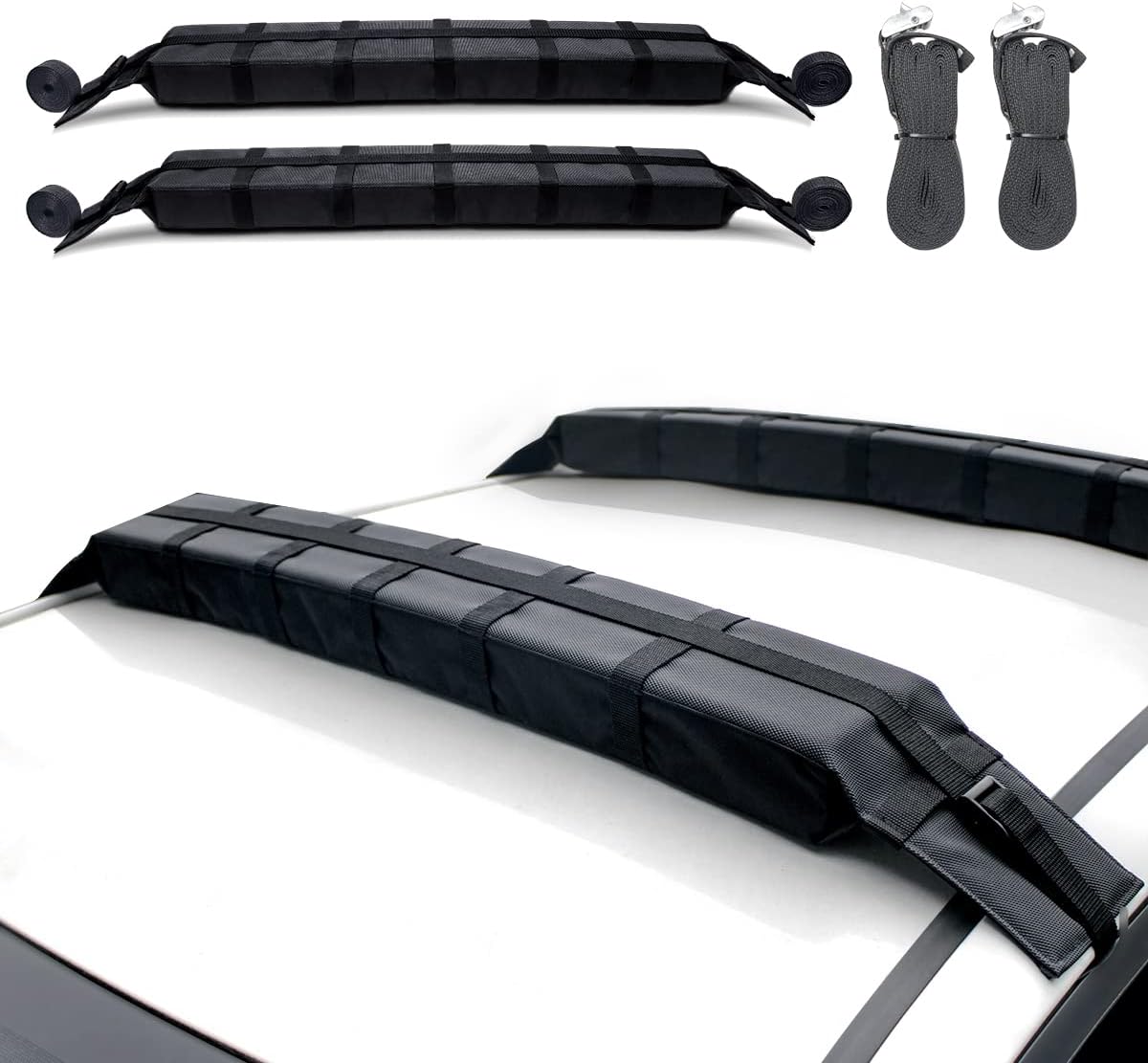 Kayak Roof Rack Pads Universal Car Soft Roof Rack for Canoe/Surfboard/Paddle Board/SUP/Snow Board with Adjustable & Steady Tie-Down Straps and Storage Bag (Dark Black)