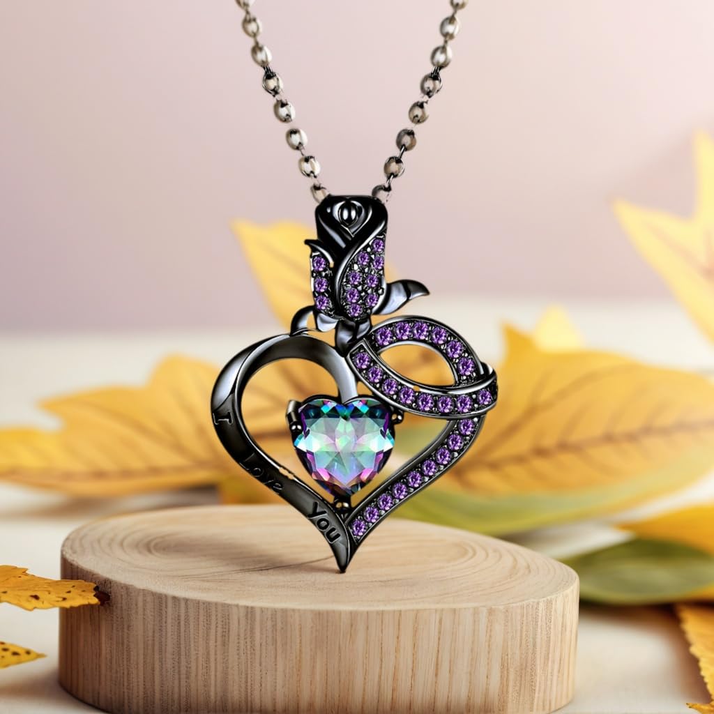 VOLUKA Gothic Heart Jewelry Set for Women, Black Gold Plated Necklace and Earrings with Purple Created Amethyst Crystal, Romantic Rose Flower Design for Wedding Engagement