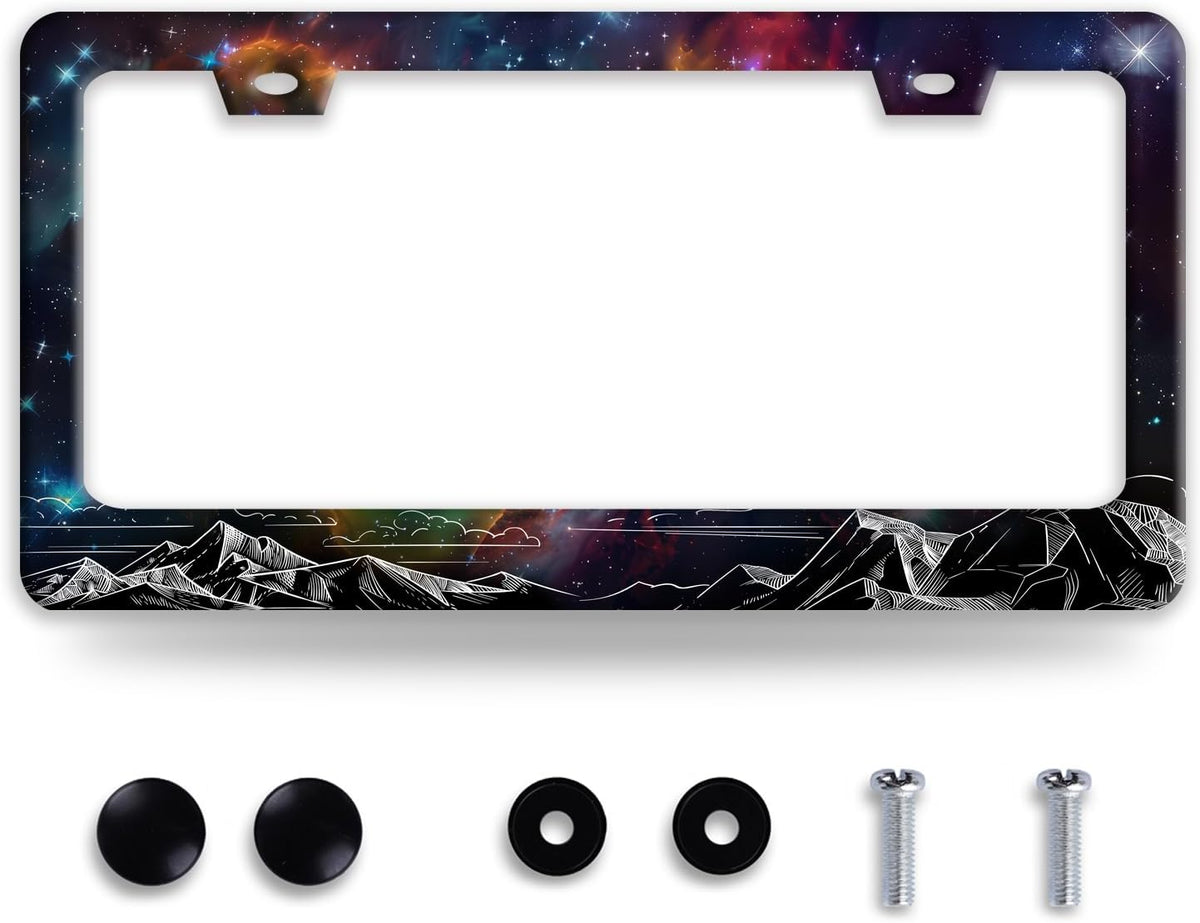 Starry Sky Mountains License Plate Frame Beautiful Galaxy License Plate Holder Funny Stainless Steel Accessories Cars Decor with 2 Holes and Screws Fits Standard Us Ca Vehicles 12.2 X 6 Inch