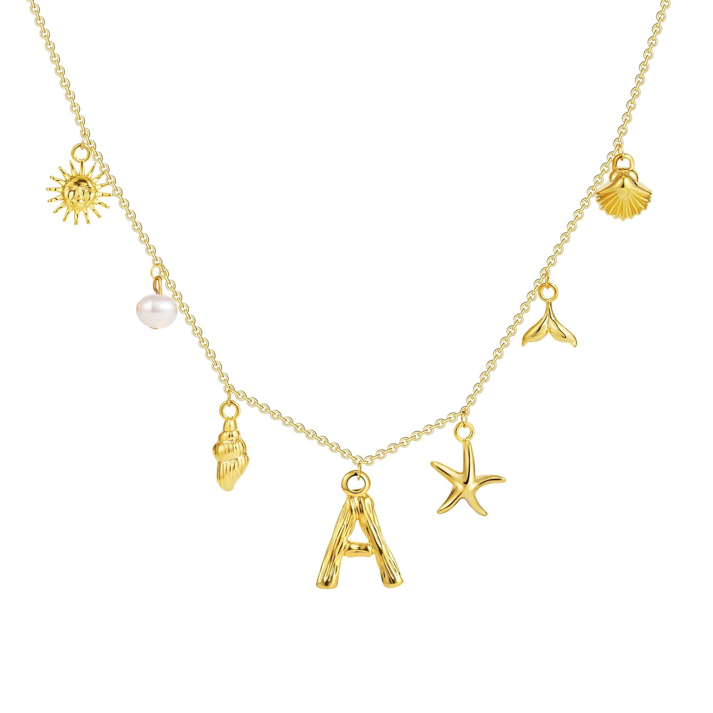 SLOONG Initial Charm Necklace 14K Gold Plated Letter Neckalce Freshwater Pearl Necklace Choker Boho Summer Seashell Beach Starfish Surfer Jewelry Gifts for Women A