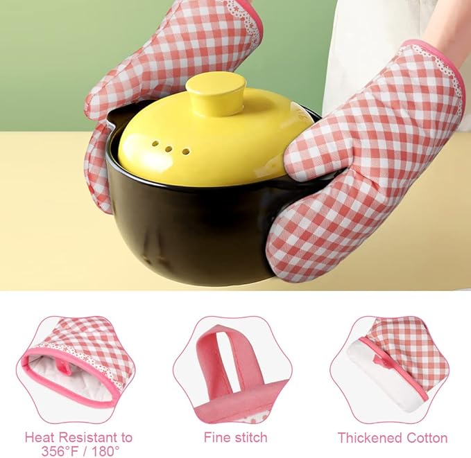 AUAUY Pink Oven Mitts, Kitchen Mittens, 392F Heat Resistant Non-Slip Gloves for Cooking, Baking, BBQ, Grilling - Cotton Infill, 1 Pair