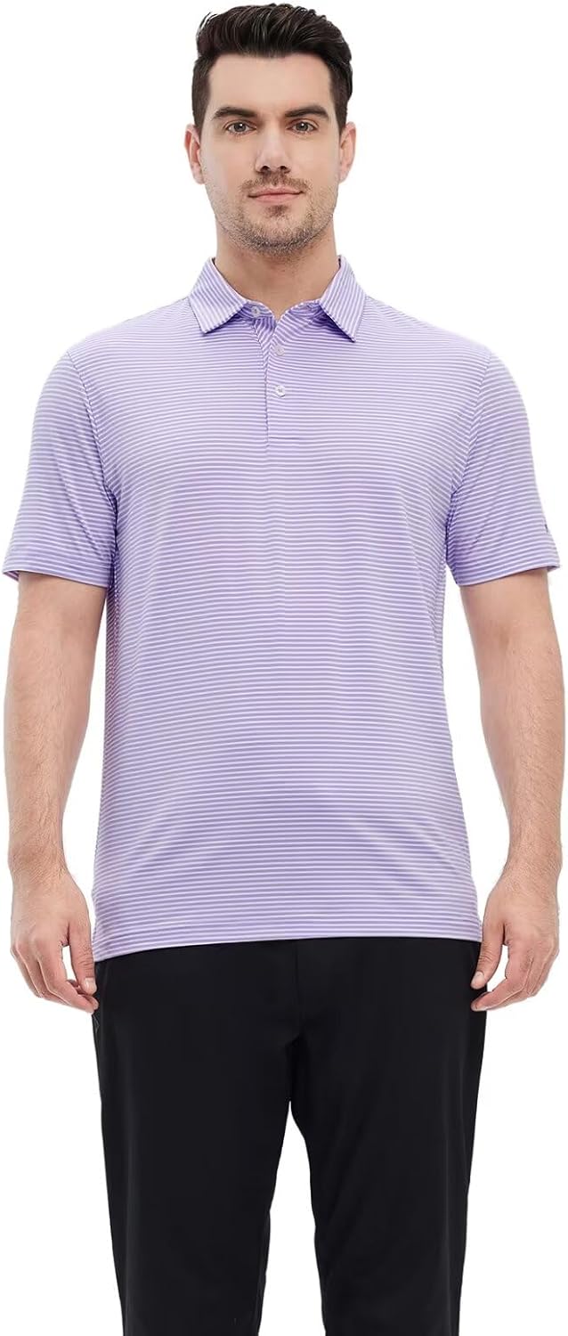 Mens Golf Shirt Moisture Wicking Dry Fit Performance Sport Short Sleeve Striped Golf Polo Shirts for Men