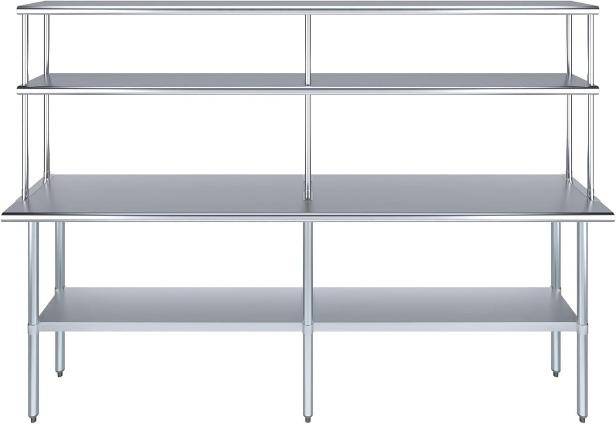 Amgood Stainless Steel Work Table Double Tier Overshelf | Metal Kitchen Prep Table & Shelving Combo (18" x 96" Work Table + 12" Overshelf)