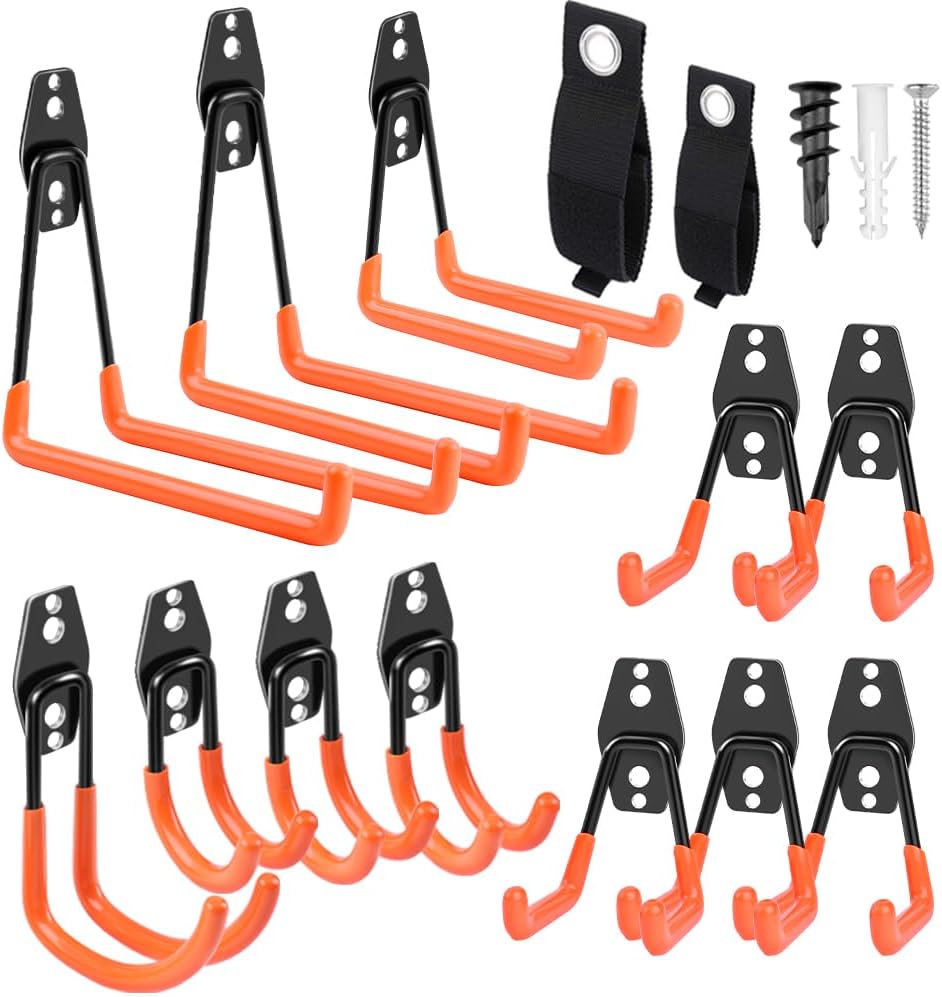 Garage Hooks Heavy Duty 14 Pack, Steel Garage Storage Hooks, Tool Hangers for Garage Wall Utility Wall Mount Garage Hooks and Hangers with Anti-slip Coating for Garden Tools, Ladders, Bulky Items