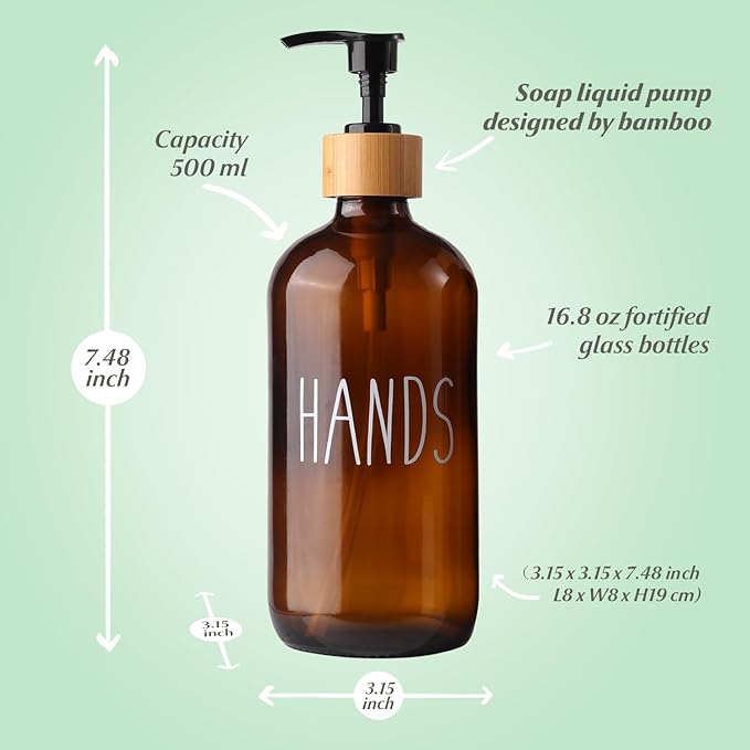 LOOCHICA Hand Amber Glass Soap Dispenser with Pump, Amber Hand Soap Dispenser, Refillable Reusable Apothecary Soap Pump Dispenser Bottles for Bathroom and Kitchen Use