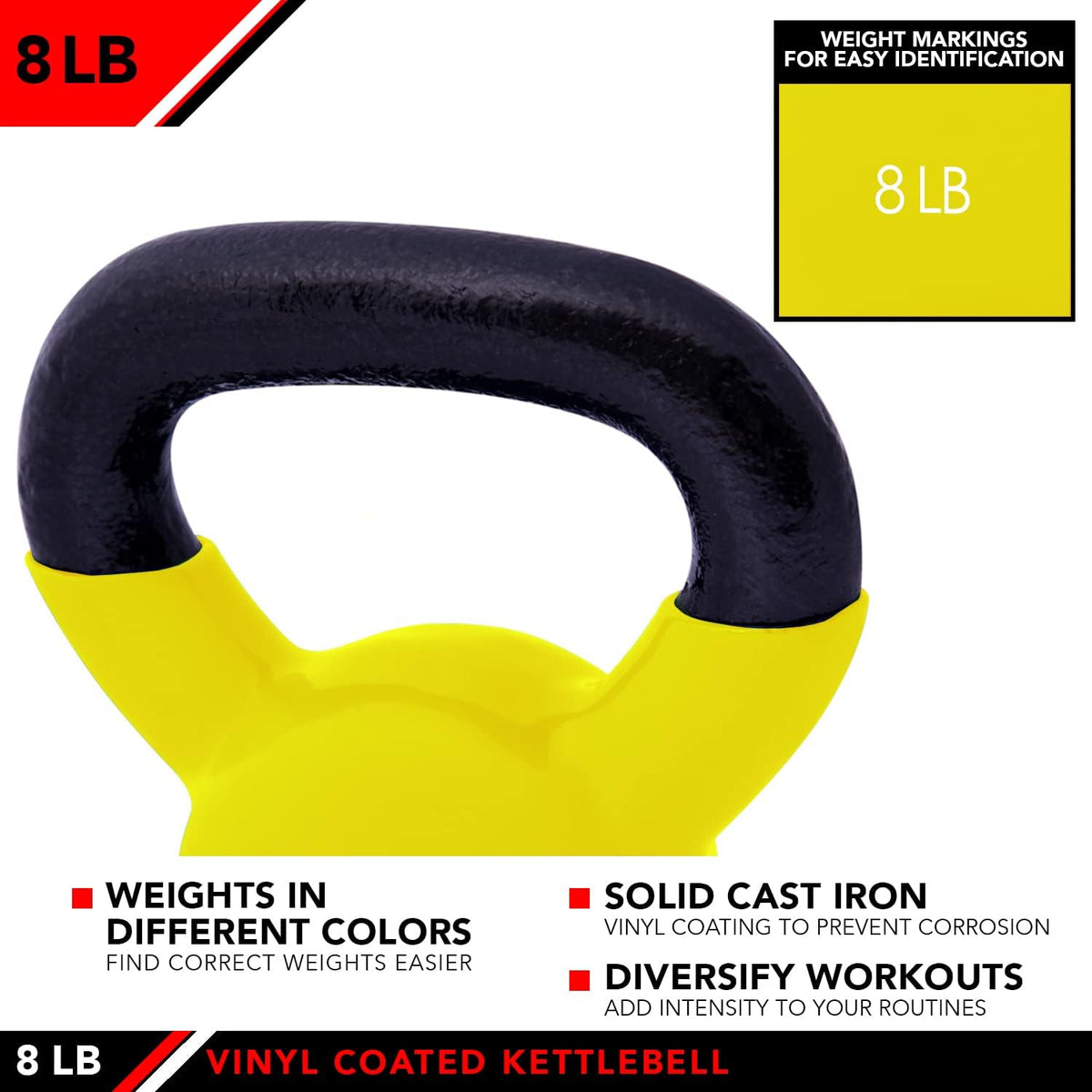 JFIT Kettlebell Weights Vinyl Coated Iron - 12 Size Options, 5lbs-50lbs - Coated for Floor and Equipment Protection, Noise Reduction, Ballistic, Core, Weight Training