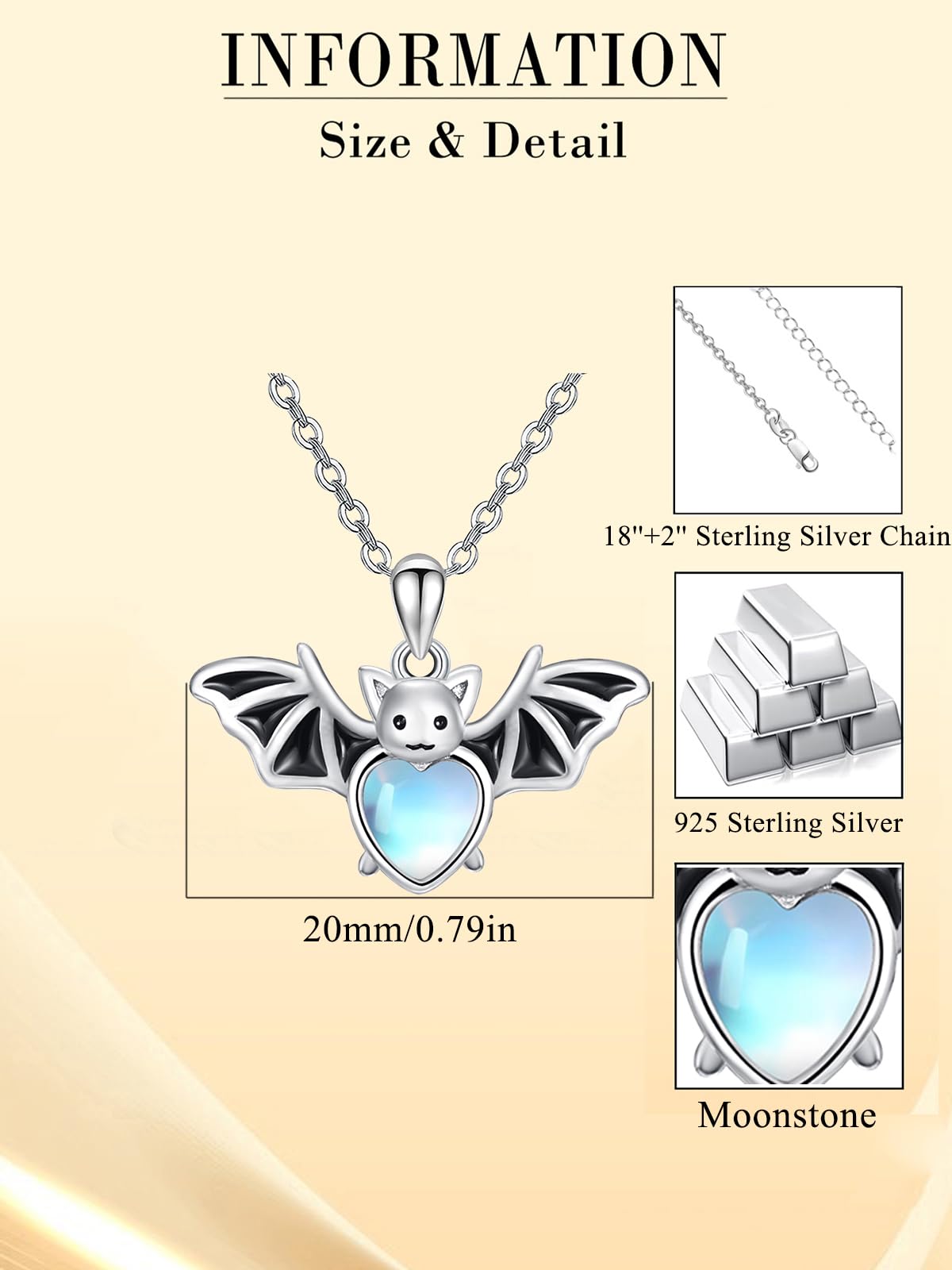 Dreamboat Bat Pendant Necklace for Women 925 Sterling Silver Moonstone Bat Animal Jewelry Halloween Birthday Gifts