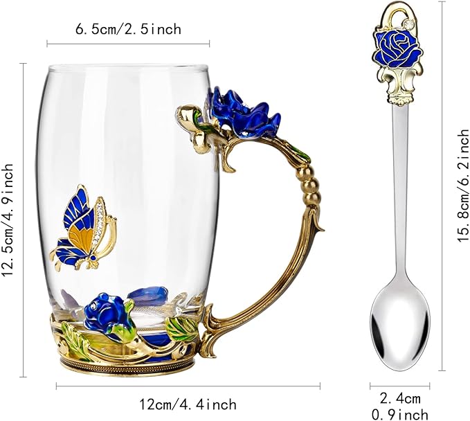 OEAGO Gifts for Mom Women Mothers Day Glass Coffee Enamels Mug Best Birthday Butterfly Rose Gifts for Her from Daughter Son Lead-Free Christmas Blue Tea Cup with Spoon Set