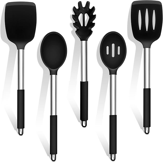 TeamFar Cooking Utensils Set, 5 PCS Silicone Kitchen Utensils with Stainless Steel Handle, for Nonstick Cookware Flipping Frying Turning Draining, Heatproof & Healthy, Nonstick & Easy Clean, Black