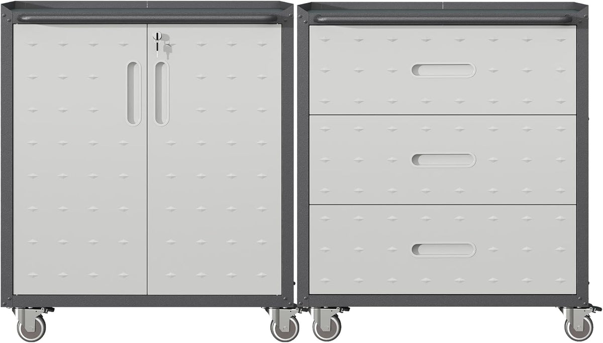 Metal Tool Cabinet,Garage Storage Cabinet System,Wall Cabinet & Locking Rolling Tool Cabinet with Doors and Adjustable Shelves,Steel Tool Cabinets for Home,Office (2 Pcs-StyleC, Black & Grey)