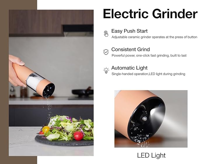 Electric Pepper Grinder and Salt Mill Set - Large Capacity USB Rechargeable Automatic Grinder with Dual LED Lights, One-Handed Operation & Slide Cover - Brushed Stainless Steel