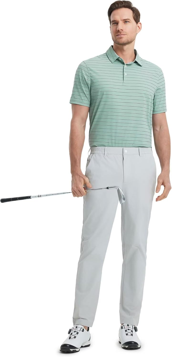 M MAELREG Mens Striped Golf Shirts Short Sleeve Silk-Like Touch Water-Resistant Breathable Soft Collared Polo Shirts for Men