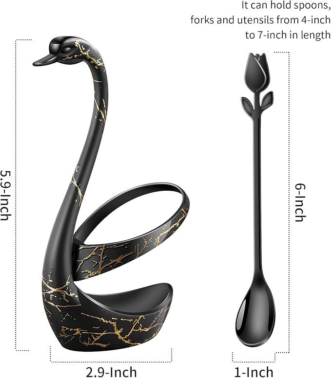 Black Small Coffee Spoon Holder Set,Swan Base With 12 Pcs Demitasse Espresso Spoons Set,6" Mini Tulip/Rose Dessert Spoon,Stainless Steel Tea Spoons