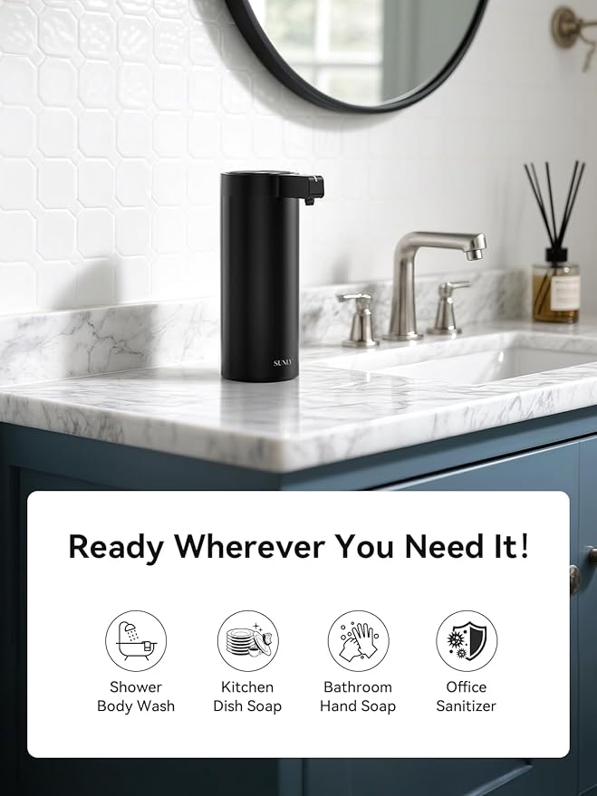 SUNLY Touchless Automatic Soap Dispenser – Clog-Free Pump, 0.2s Fast Sensor, USB-C Rechargeable, Smudge-Resistant Stainless Steel, for Kitchen & Bathroom Soap Dispenser, Black