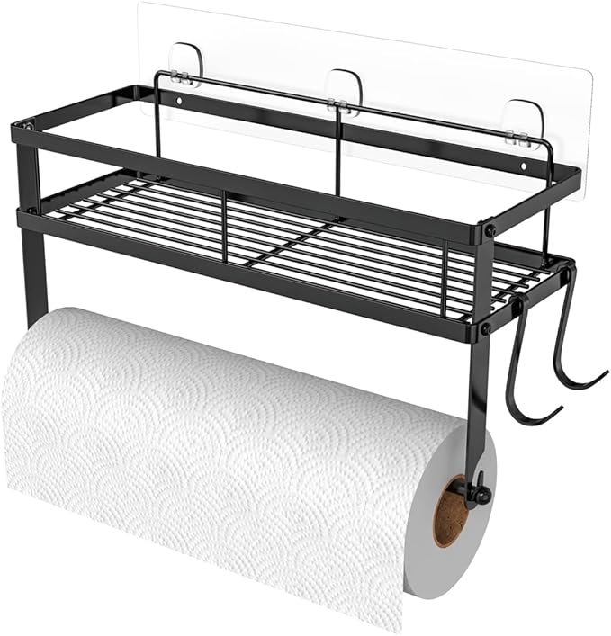 ESOW Paper Towel Holder with Shelf Storage, Adhesive Wall Mount 2-in-1 Basket Organizer for Kitchen & Bathroom, Durable Metal Wire Design, Stainless Steel 304 Matte Black Finish