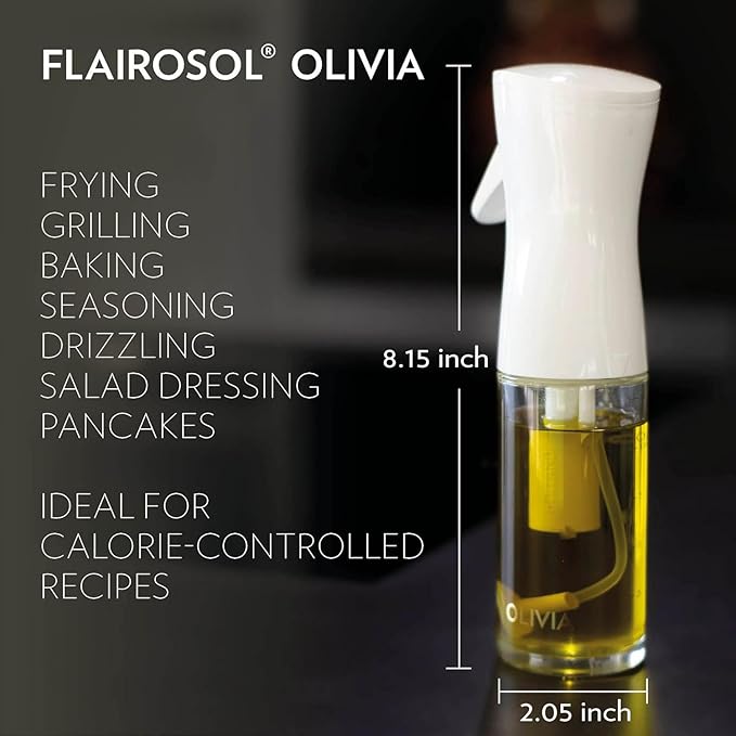 OLIVIA. The Original Advanced Oil Sprayer for Cooking, Salads, BBQs and More, Continuous Spray with Portion Control, Trusted by Chefs. Patented Technology. (Glass Bottle) (White Print)