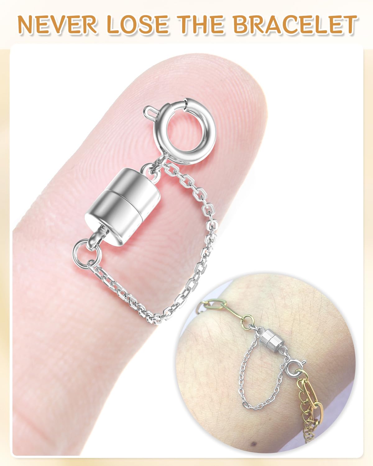 MKCYD 8Pcs Magnetic Bracelet Clasps and Closures with Safety Chain Never Fall Silver Bracelet Extender Converter Magnetic Clasps for Women