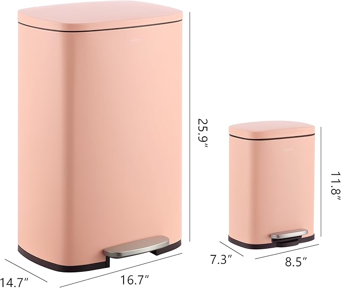 happimess HPM1006G Connor Rectangular 13-Gallon Trash Can with Soft-Close Lid and Free Mini Trash Can, Fingerprint Resistant, Modern, Minimalistic for Home, Kitchen, Office, Bathroom, Flamingo Pink