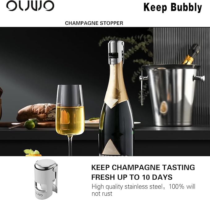 Champagne Stopper 6 Pack Stainless Steel Champagne Save with Food Grade Silicone，Leak-Proof Bubble Retaining Saver，Suitable for Champagne Prosecco Cava and Sparkling (Silver)