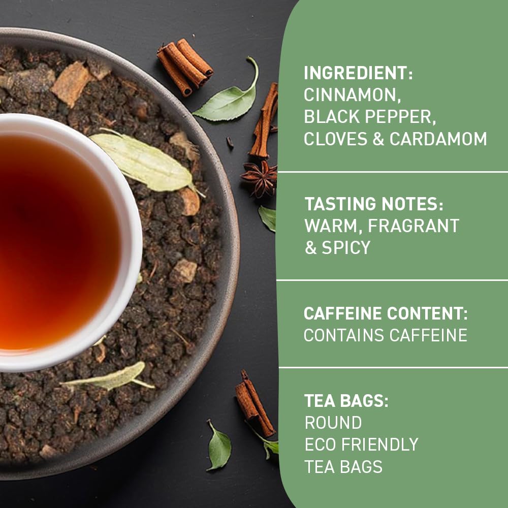 HANDPICK Masala Chai Tea Bags (100 Count) Strong Robust & Aromatic, Blended with Exotic Spices, Cinnamon, Black Pepper, Cloves & Cardamom - Premium Quality Eco-conscious Round Bags